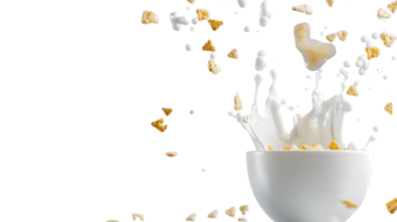 Dynamic Splash of Milk and Cereal in a Bowl Capturing the Moment of Impact with Crispy Flakes png