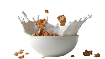 Dynamic Splash of Milk and Crunchy Cereal in a Bowl Capturing the Moment of Impact for Food Ph png