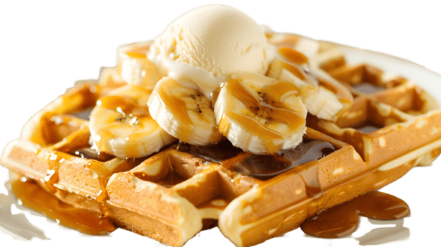dourado waffles com caramelo molho banana fatias e gelo creme png