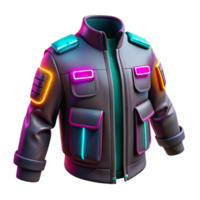 dramatic minimalist Cyberpunk jacket with glowing neon accents and multiple pockets authentic png