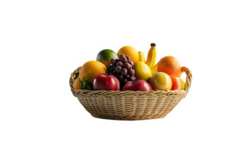 A basket brimming with fresh colorful fruits including citrus apples grapes and bananas for png