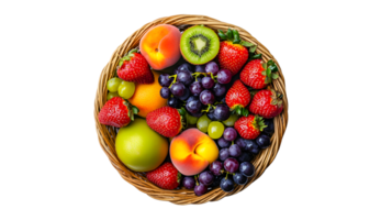 A basket brimming with fresh colorful fruits including berries citrus and stone fruits for png