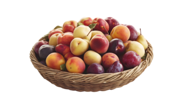 A basket brimming with fresh colorful fruits including plums peaches and apricots perfect f png