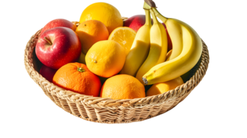 A basket brimming with fresh fruits including bananas apples oranges and lemons perfect for png