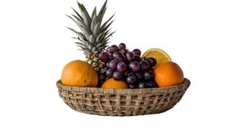 A basket brimming with fresh fruits including citrus grapes and tropical delights for healthy png