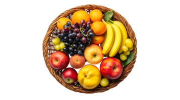 A basket brimming with fresh fruits including citrus bananas apples and grapes perfect for png