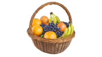A basket brimming with fresh fruits including citrus bananas and berries for healthy eating a png