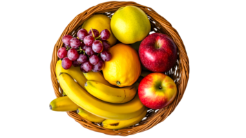 A basket brimming with fresh fruits including citrus apples bananas and grapes for healthy e png
