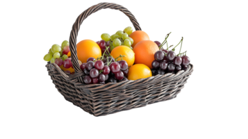 A basket brimming with fresh fruits including oranges and grapes perfect for health and nutrit png