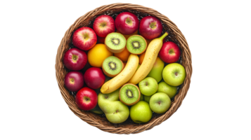 A basket brimming with fresh fruits including red and green varieties bananas kiwis and oran png