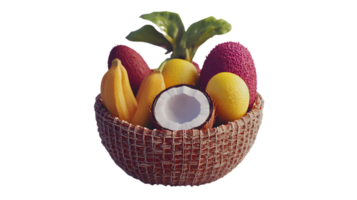 A basket brimming with fresh tropical fruits including bananas coconuts and citrus perfect png