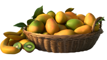 A basket brimming with fresh tropical fruits including bananas and sliced kiwi perfect for he png