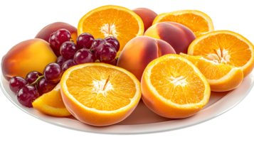 Fresh juicy oranges peaches and red grapes on a plate png