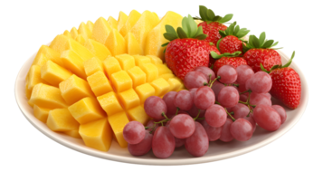 Fresh Mango Strawberry and Grape Fruit Platter on White Plate png