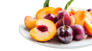 Fresh Nectarines and Cherries on White Plate Juicy Summer Fruit Still Life png