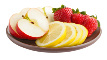 Fresh Sliced Apples Strawberries and Lemons on Plate png