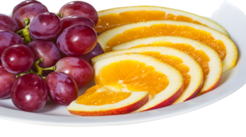 Fresh Red Grapes and Orange Slices on Plate png