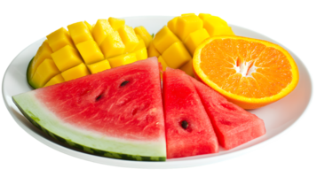 Fresh Sliced Mango Watermelon and Orange Fruit Platter on White Plate png