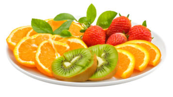 Fresh Sliced Oranges Strawberries and Kiwis on a Plate png