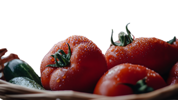 Fresh Tomatoes and Cucumbers in a Basket with Dew Drops on Black Background png
