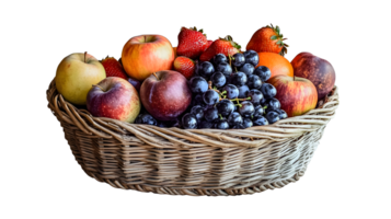 Fruit basket with apples strawberries and grapes in a wicker basket png