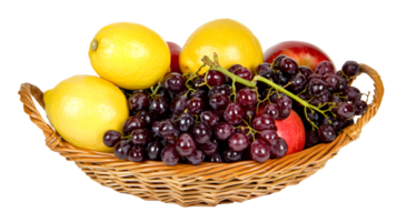 Fruits in a wicker basket lemons grapes apples healthy food still life photography png