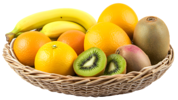 Healthy Fruit Basket with Oranges Bananas and Kiwis in Wicker Bowl png
