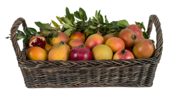 Pomegranates and greenery in a rustic wicker basket png