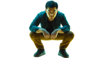 A man in a crouched position wearing casual attire with dramatic lighting for creative project png