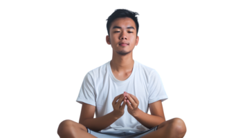 A young individual practicing meditation in a serene pose ideal for wellness and mindfulness c png