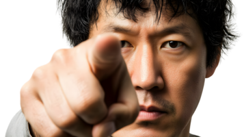 Closeup of a man pointing at the viewer intense expression png