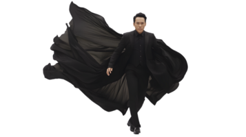 Dynamic Figure in Motion with Flowing Cape and Formal Attire png