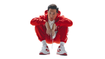 Dynamic Pose of a Dancer in Red Tracksuit Capturing Urban Street Style and Energetic Movement png