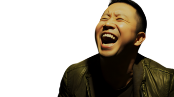Intense Emotion A Person Laughing with Genuine Joy and Happiness Captured in a Dramatic Light png