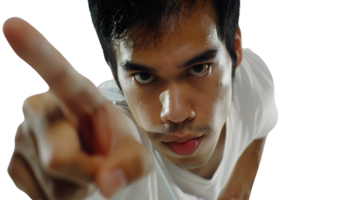Intense Focus A CloseUp of a Determined Individual Pointing Forward with Sweat and Concentrat png