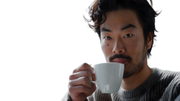 Man Enjoying a Warm Beverage with a White Cup Casual and Relaxed Atmosphere for Lifestyle and png