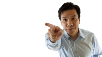 Professional Pointing Gesture Businessman in Light Blue Shirt Directs Attention with Clear Foc png
