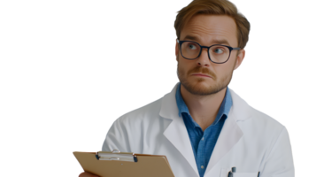 A medical professional in a white lab coat holding a clipboard ideal for healthcare and scienc png