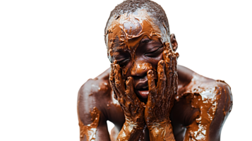 A person covered in chocolate expressing joy and indulgence with hands on face png
