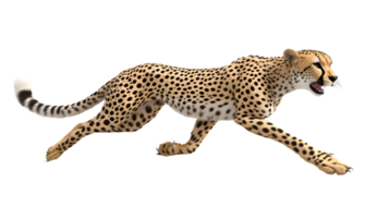 A spotted feline in midstride showcasing its agility and power against a stark background png