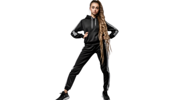 A woman in a stylish black tracksuit posing confidently against a black background ideal for f png