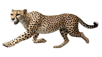 A spotted feline in motion showcasing agility and power with a sleek coat and intense gaze png