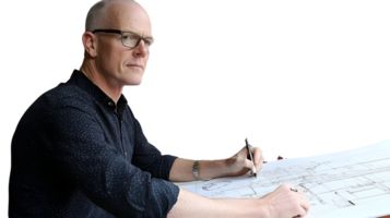 Architect Focused on Blueprint Design with Precision and Expertise png