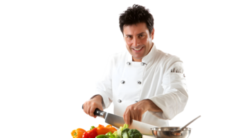 Chef in Action Cutting Fresh Vegetables with a Knife and Wearing a White Uniform png