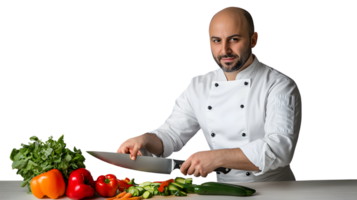 Chef in Action Preparing Fresh Vegetables with Knife and Cutting Board png