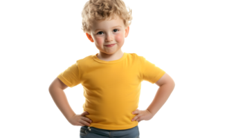 Child in Yellow TShirt Standing Confidently with Hands on Hips Isolated on Transparant Background png