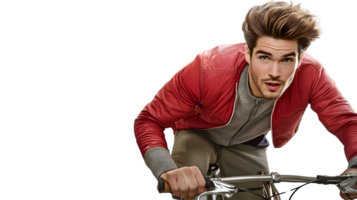 Dynamic Cyclist in Motion A Man Riding a Bicycle with Style and Energy Wearing a Red Jacket a png