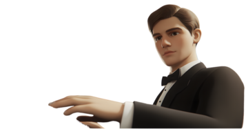 Elegant Man in Tuxedo Gesturing with Hand Perfect for Formal Events and Professional Presentat png