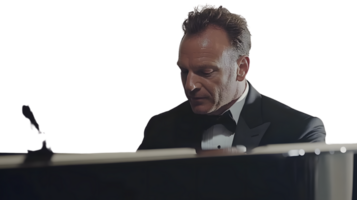 Elegant Man in Tuxedo Playing Piano Formal Attire Musician at Keyboard Classical Performance png