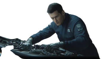 Engineer in Uniform Working on Machinery with Precision and Focus png